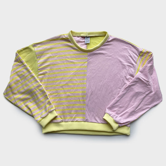 meerblau waldgrün Upcycling Sweater rosa gelb