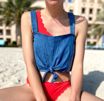 meerblau waldgrün Upcycling Martha Top Jeans getragen