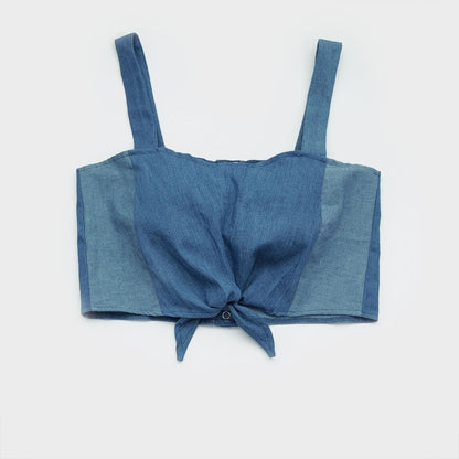 meerblau waldgrün Upcycling Martha Top Jeans von vorn